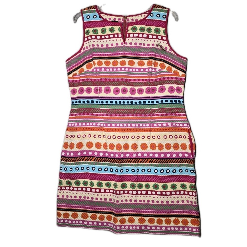 Talbots Womens Sz 14P Colorful Striped Jacquard Shift Dress Palm Beach Preppy